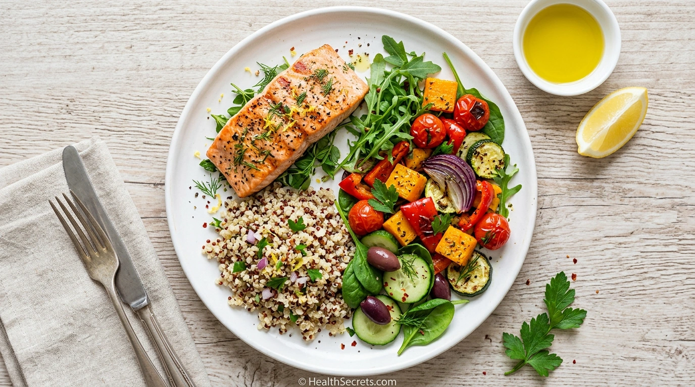 Mediterranean diet plate showing ideal proportions of vegetables, salmon, and whole grains for anti-inflammatory eating
