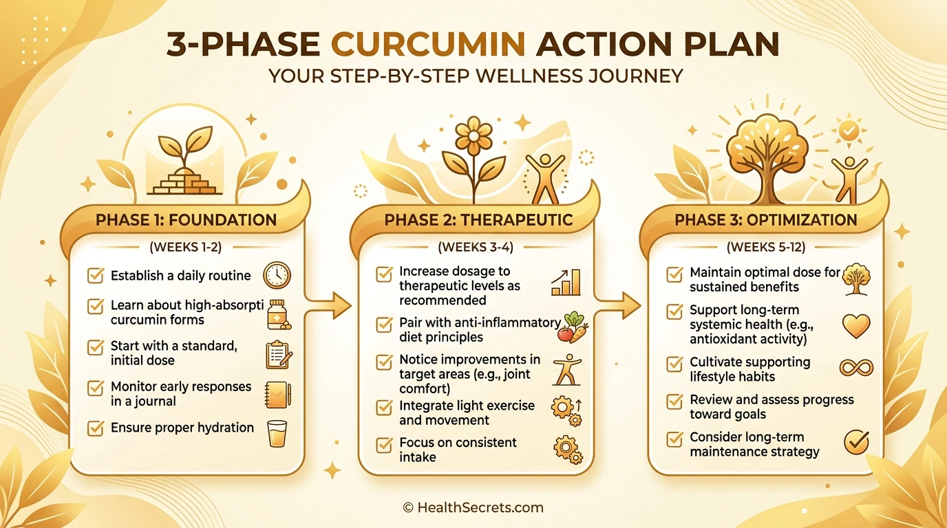 Three-phase curcumin action plan infographic showing progression from foundation to therapeutic to optimization