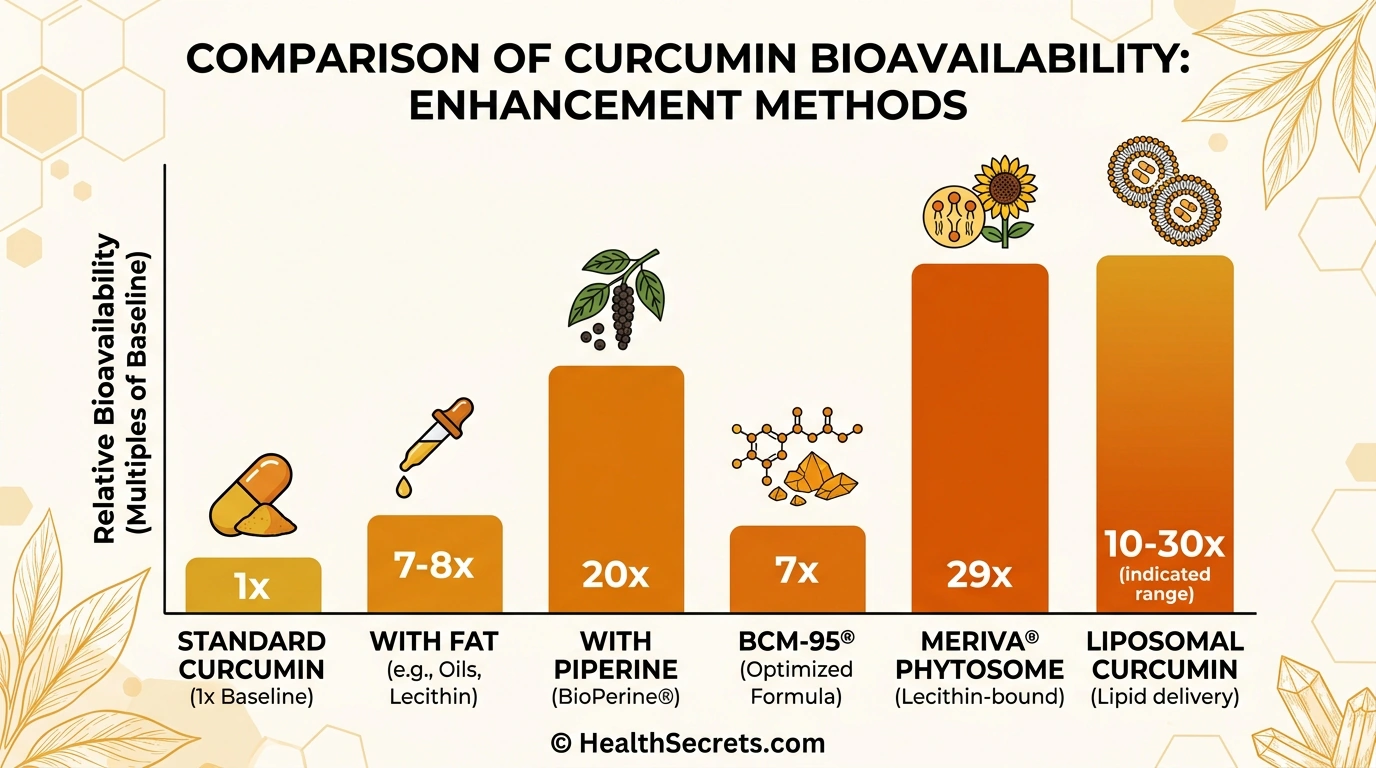 Comparison chart showing curcumin bioavailability increases with piperine liposomal and phytosome formulations