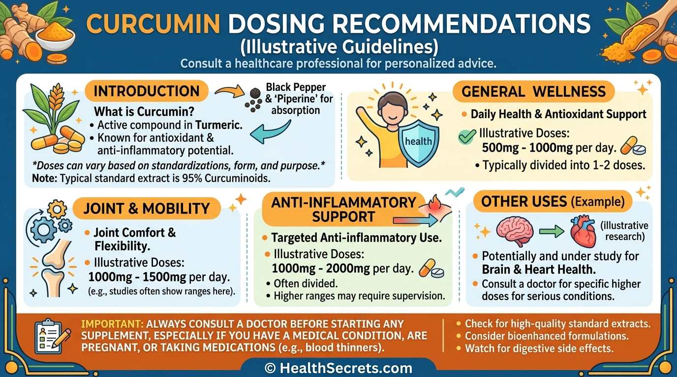 Curcumin dosing guide infographic showing recommended doses for different inflammatory conditions