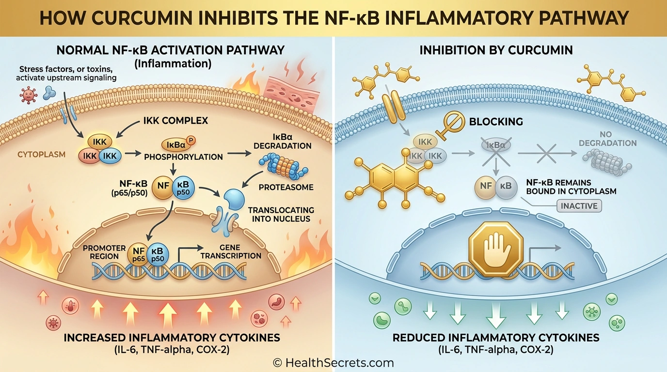 Infographic showing curcumin inhibiting NF-kB inflammatory pathway and reducing inflammatory cytokines