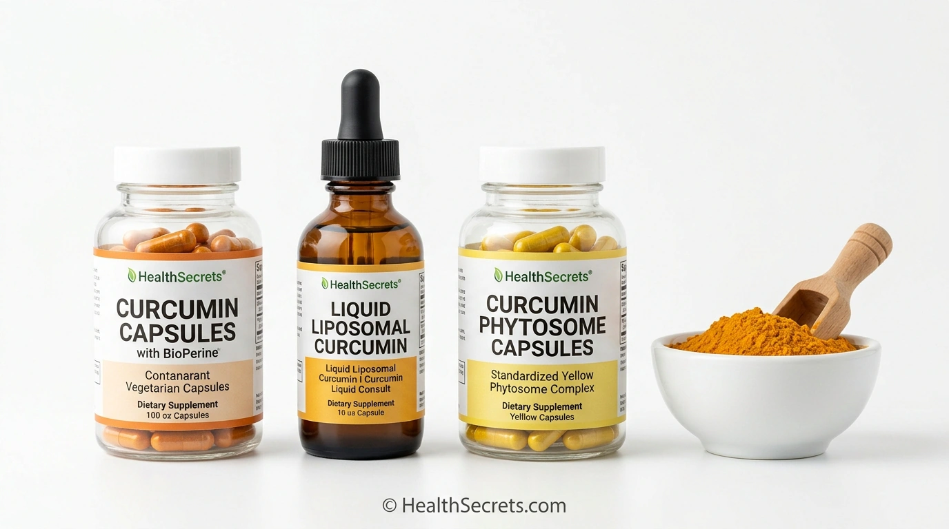 Different forms of curcumin supplements including capsules liposomal liquid and turmeric powder