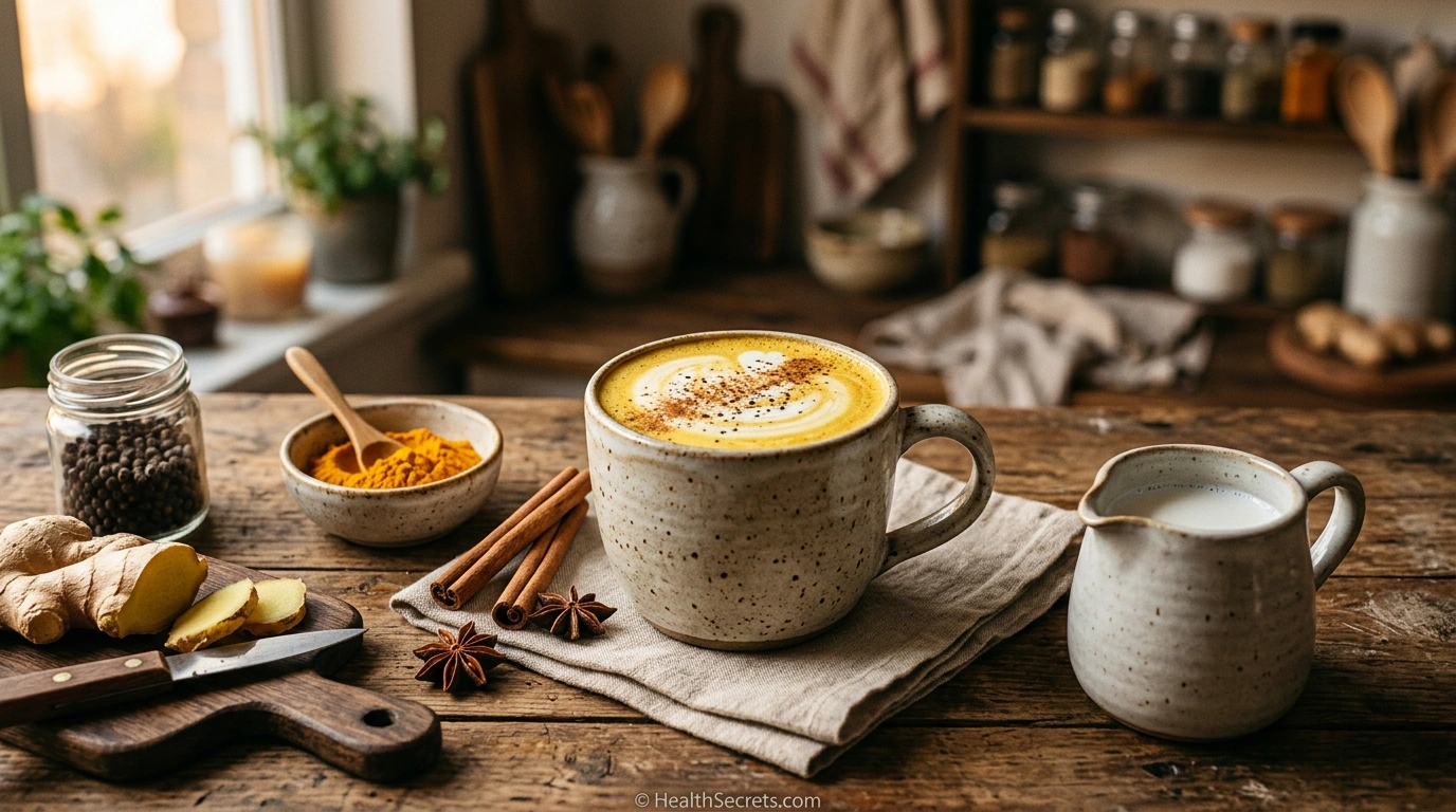 Golden milk turmeric latte with ingredients including turmeric powder cinnamon ginger and coconut milk