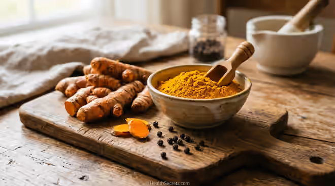 Fresh turmeric root and golden turmeric powder with black peppercorns on wooden cutting board