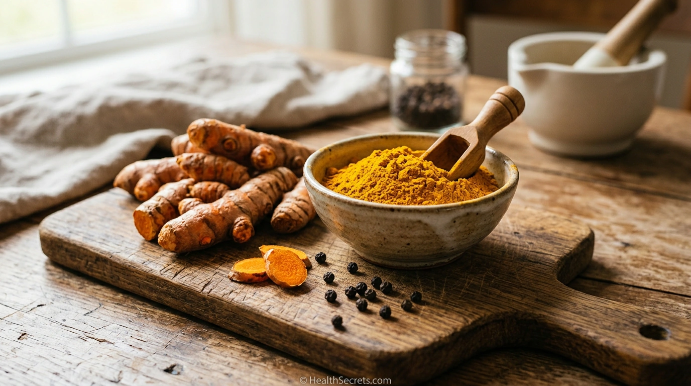 Fresh turmeric root and golden turmeric powder with black peppercorns on wooden cutting board