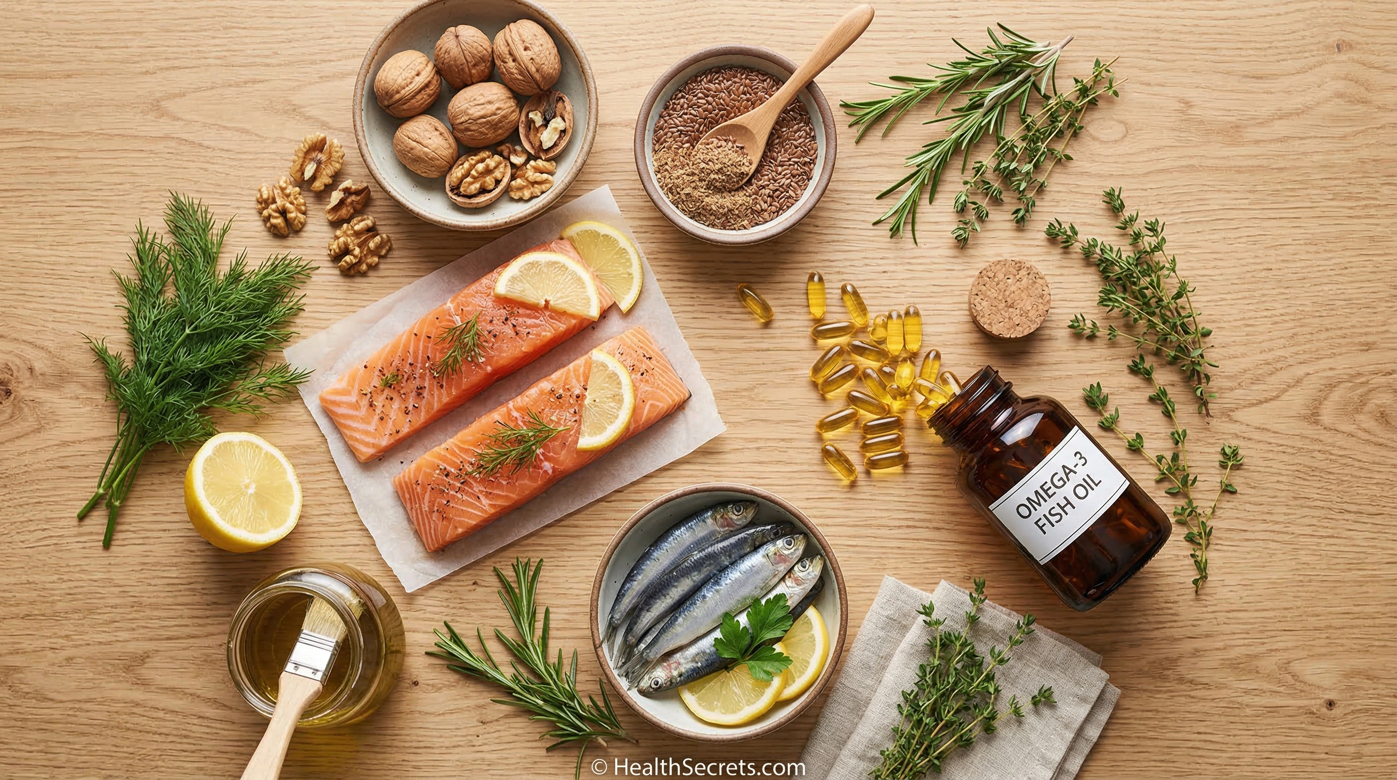 Omega-3 rich foods including salmon, fish oil supplements, sardines, walnuts, and flaxseeds for reducing inflammation naturally