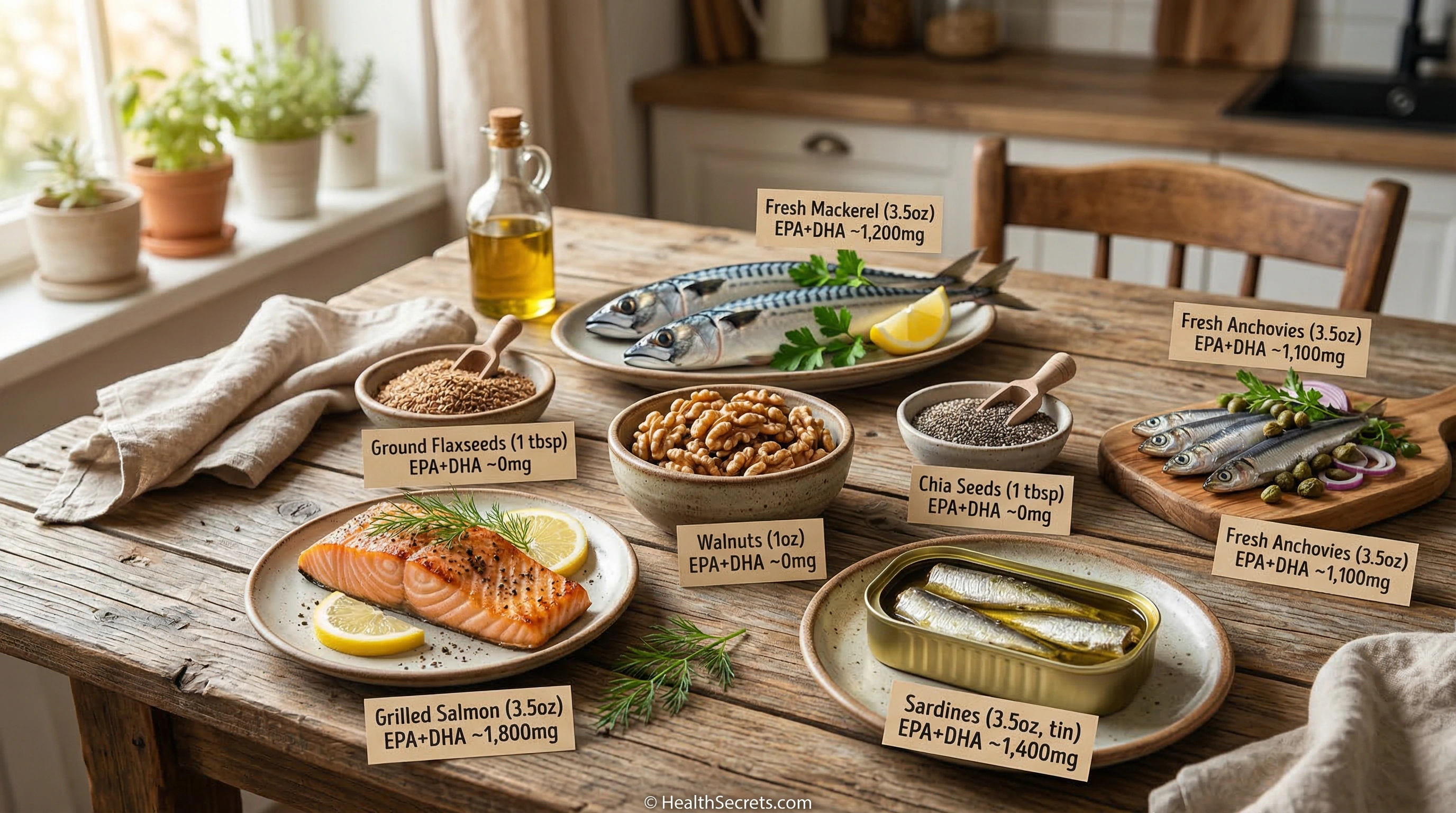 Top omega-3 food sources including salmon, sardines, mackerel, walnuts, and flaxseeds with EPA and DHA content labels