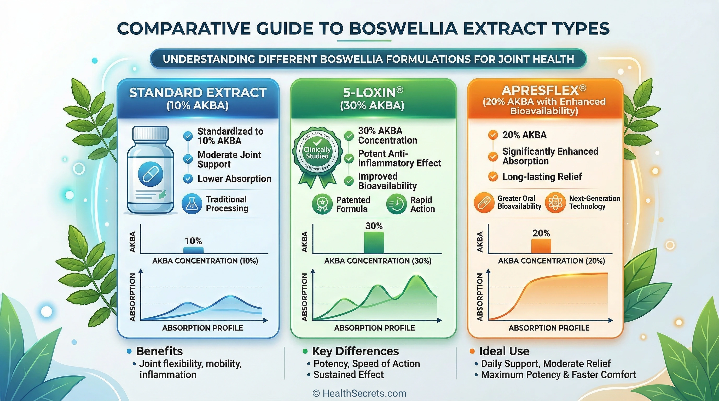 Comparison of boswellia extract types showing AKBA standardization levels for standard 5-Loxin and ApresFlex formulations