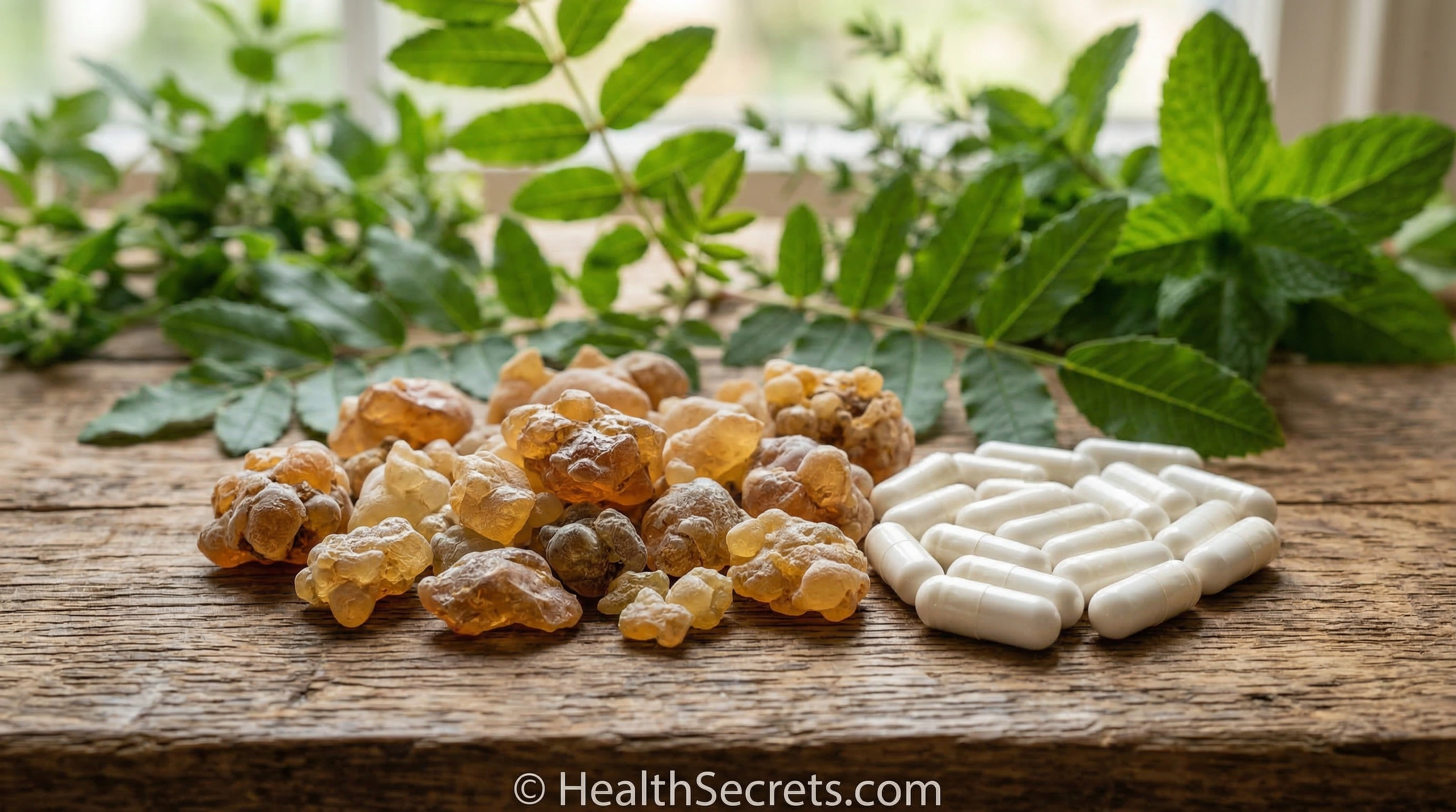 Boswellia serrata frankincense resin pieces alongside standardized extract capsules for inflammation support