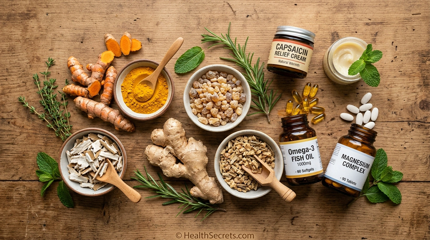 Natural pain relief alternatives to NSAIDs including turmeric ginger boswellia omega-3 and capsaicin arranged on wooden surface