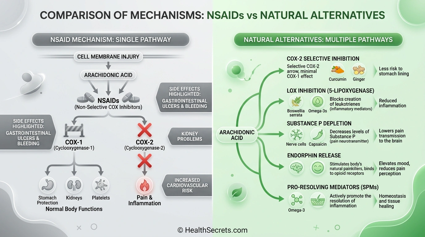 Comparison of NSAID mechanism versus natural pain relief mechanisms showing multiple anti-inflammatory pathways