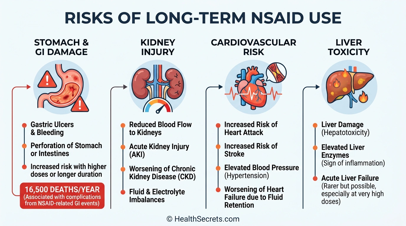 Infographic showing NSAID risks including gastrointestinal damage kidney injury cardiovascular events and liver toxicity