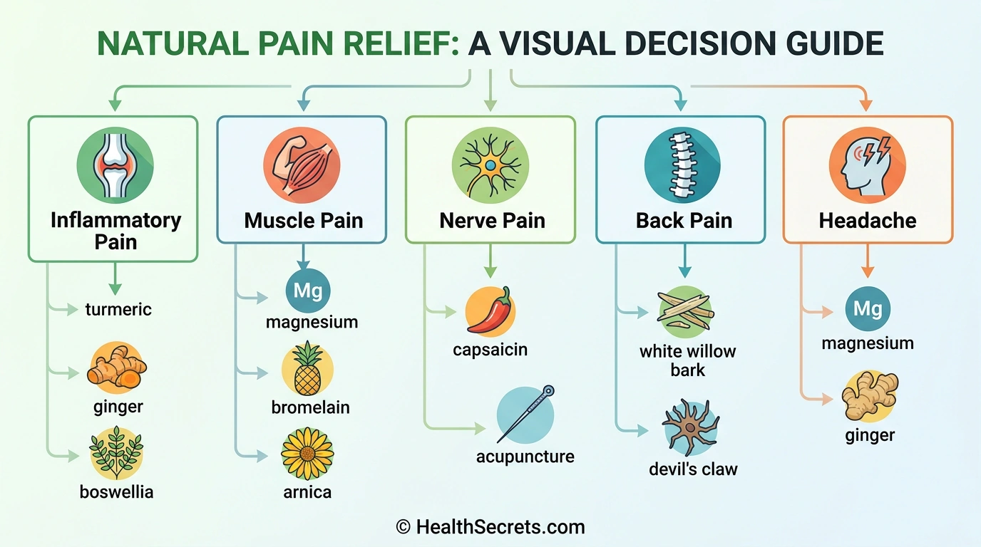 Pain type matching guide showing which natural remedies work best for inflammatory muscle nerve back and headache pain