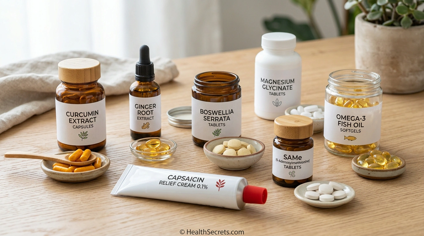 Natural pain relief supplement products including curcumin ginger boswellia magnesium omega-3 capsaicin and SAMe