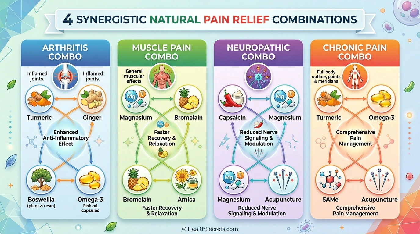 Synergistic natural pain relief combinations for arthritis muscle neuropathic and chronic pain