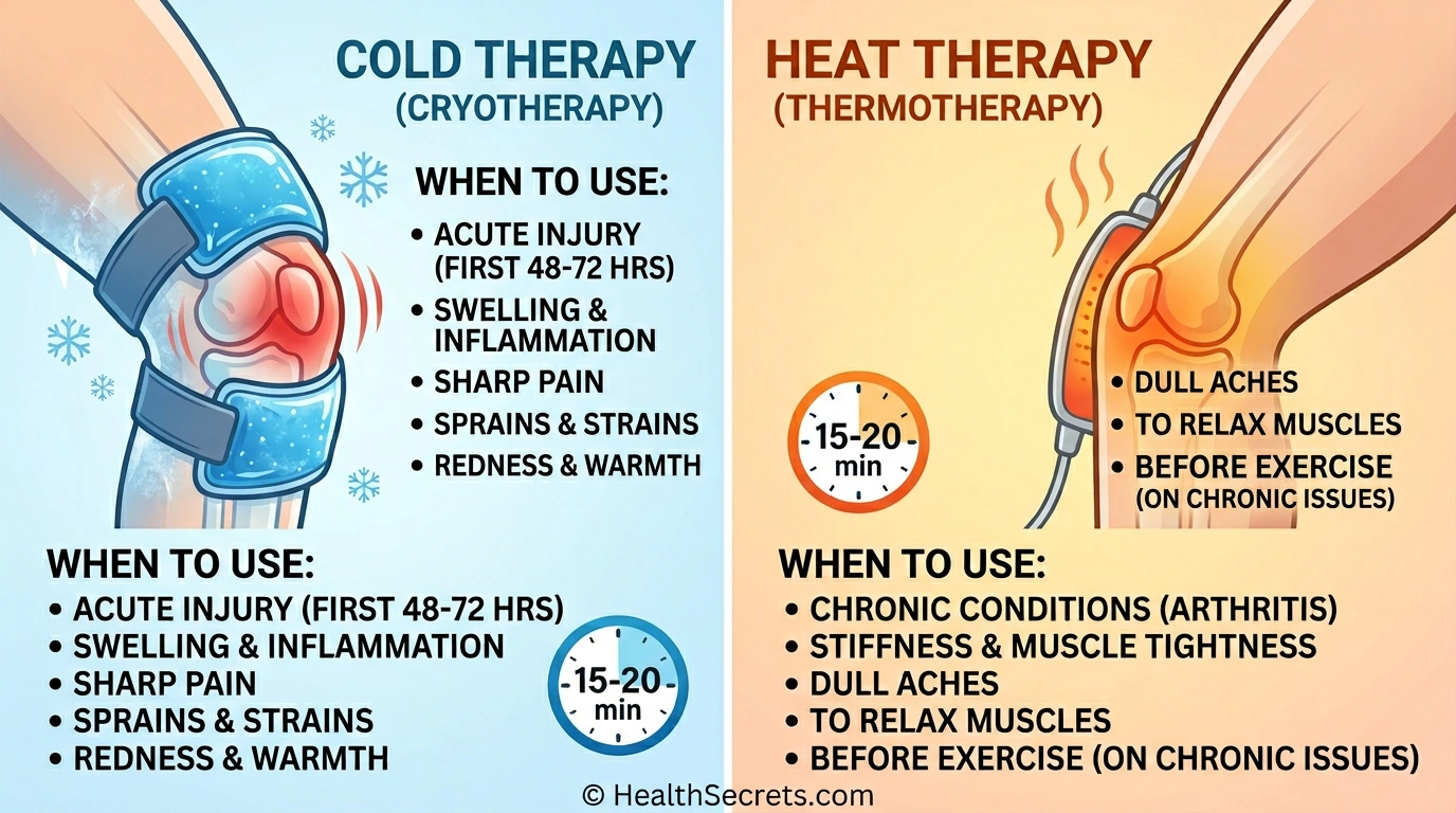 Hot and cold therapy guide for joint pain showing when to use ice vs heat for arthritis relief