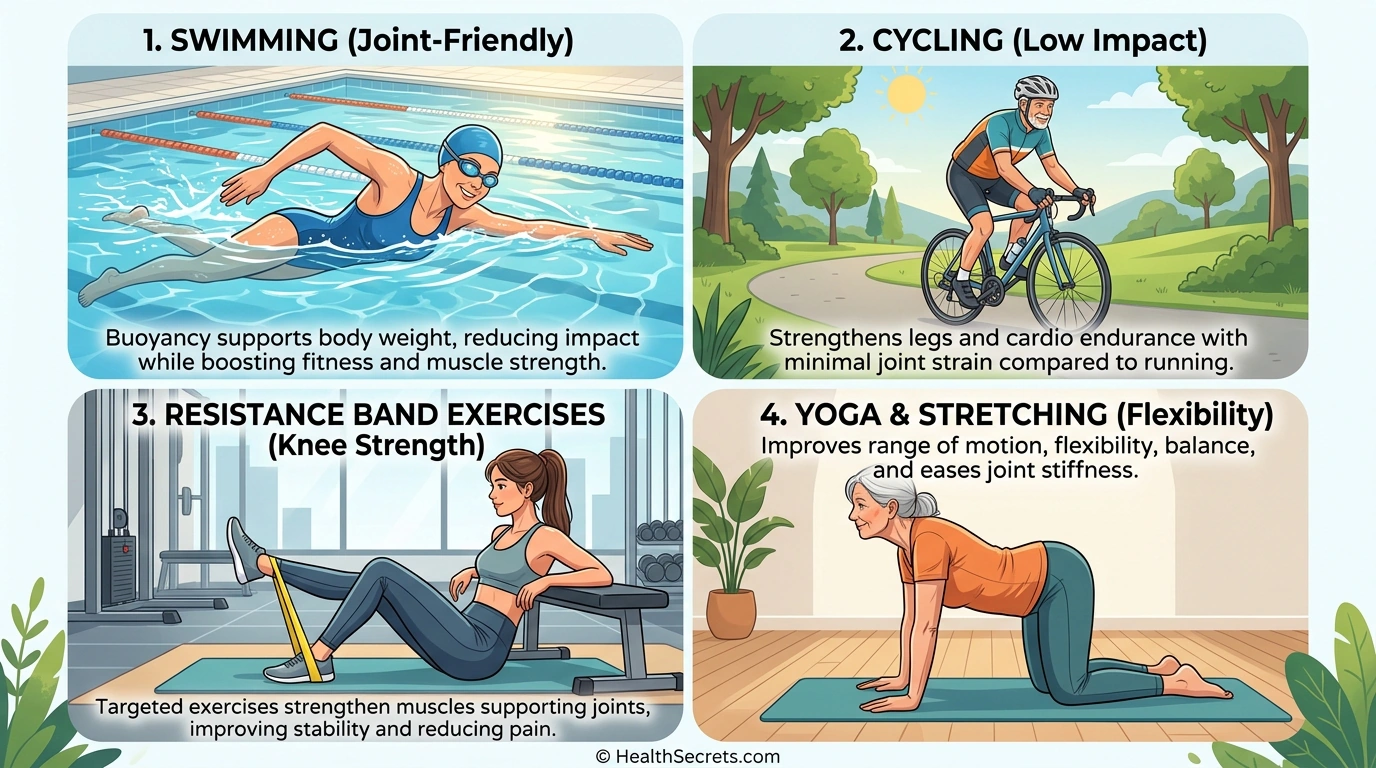 Joint-friendly exercises for arthritis including swimming cycling resistance training and yoga stretching