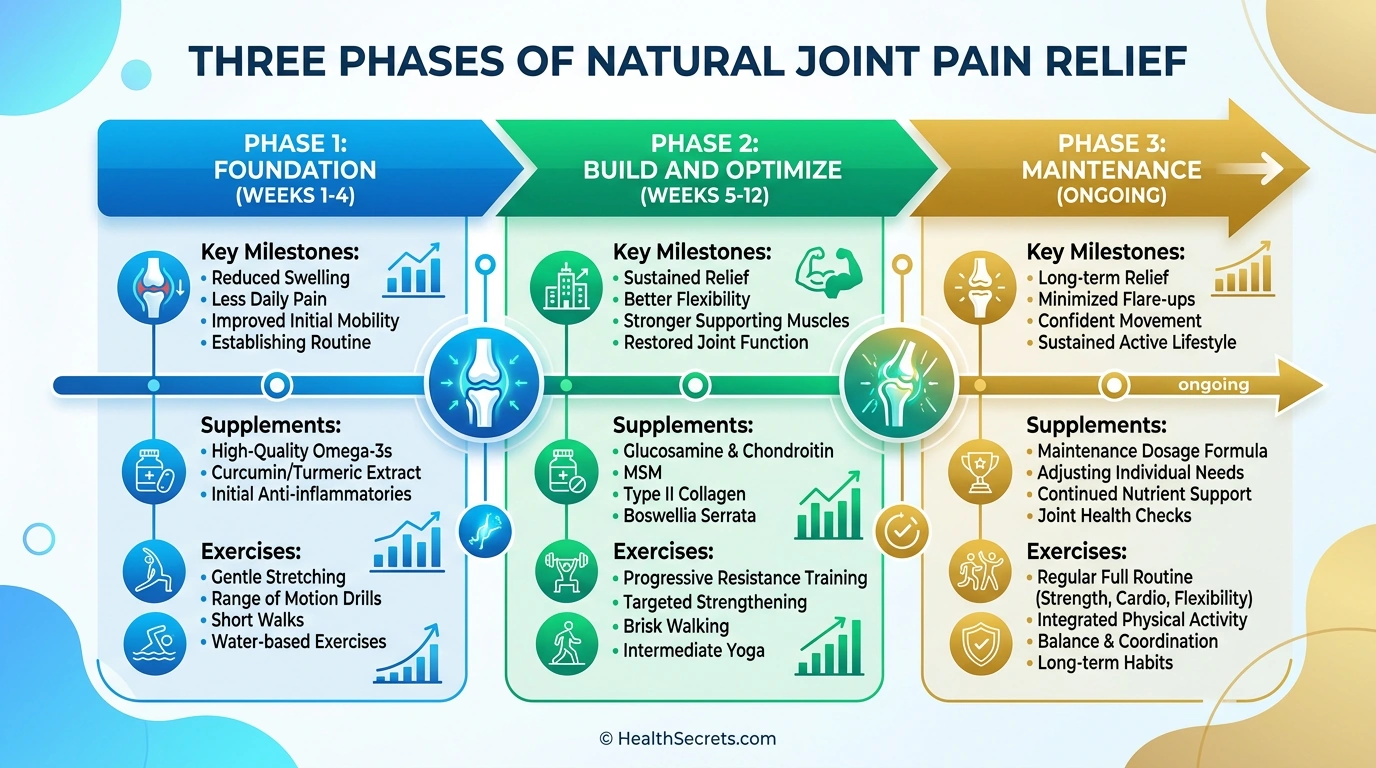 Natural joint pain relief action plan timeline showing three phases from foundation to maintenance