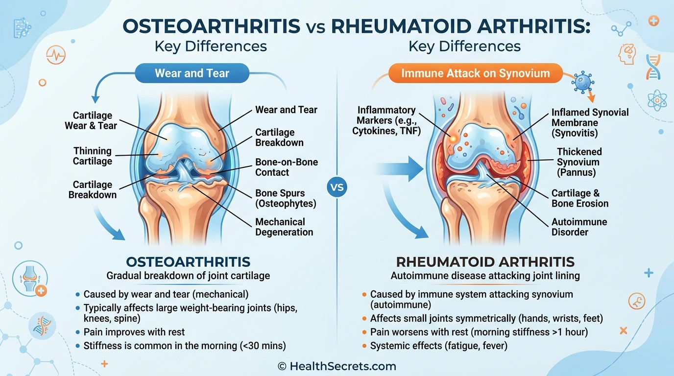 Osteoarthritis vs rheumatoid arthritis comparison showing different joint pain mechanisms and symptoms