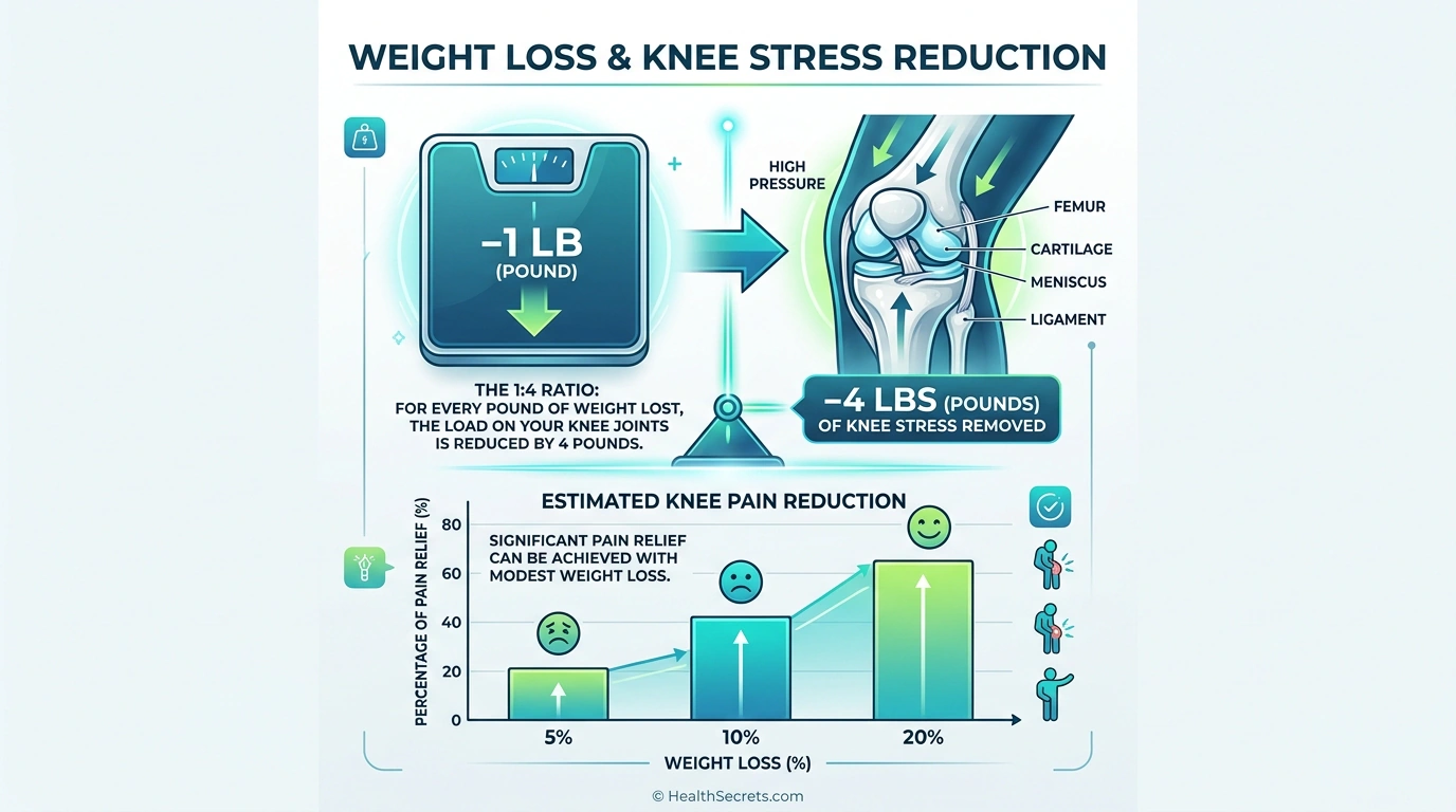 Weight loss and joint pain reduction infographic showing every pound lost reduces knee stress by 4 pounds