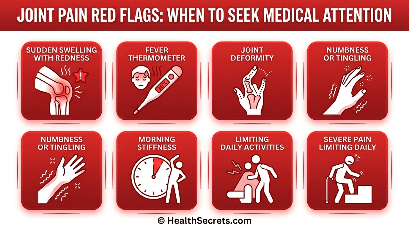 Warning signs for joint pain requiring doctor visit including sudden swelling fever and severe pain