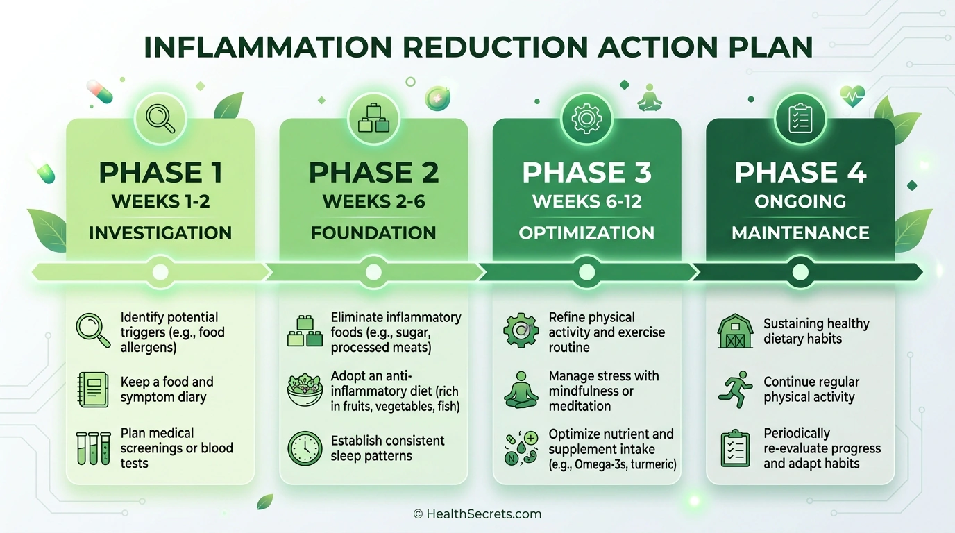 Four-phase timeline for reducing elevated inflammation markers from investigation through long-term maintenance