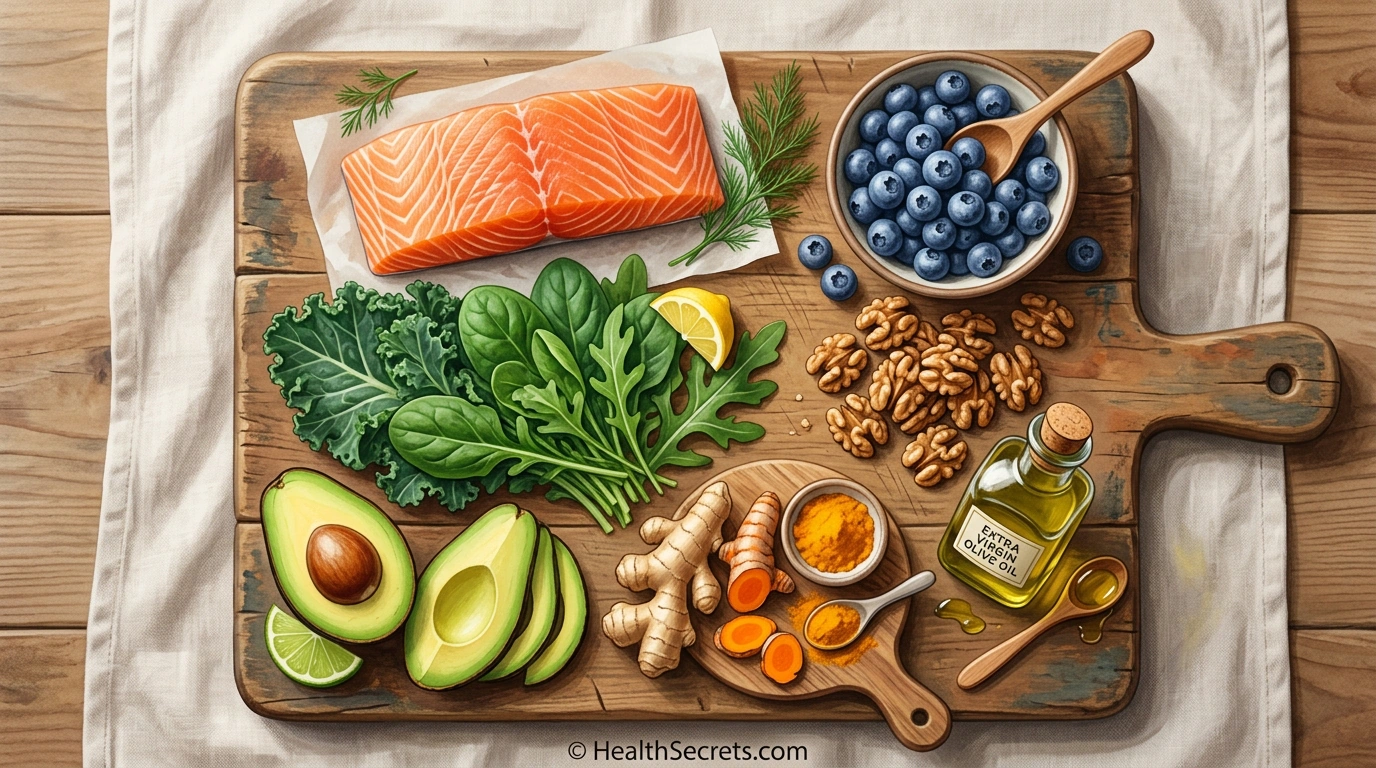 Anti-inflammatory foods including salmon blueberries leafy greens walnuts olive oil turmeric and ginger