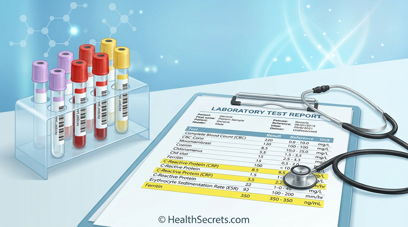 Blood test vials and laboratory report showing inflammation markers CRP ESR and ferritin results