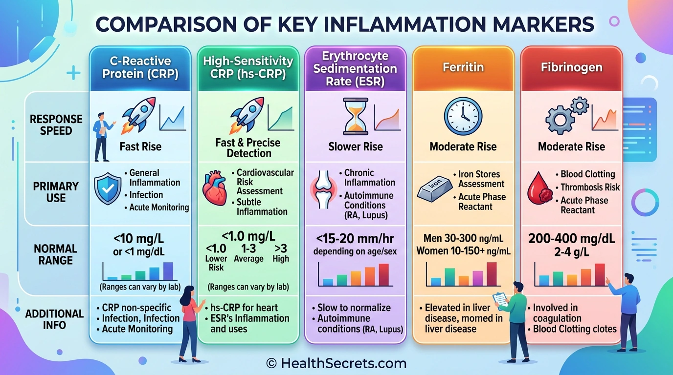 Comparison chart of five inflammation markers showing response speed normal ranges and primary clinical uses
