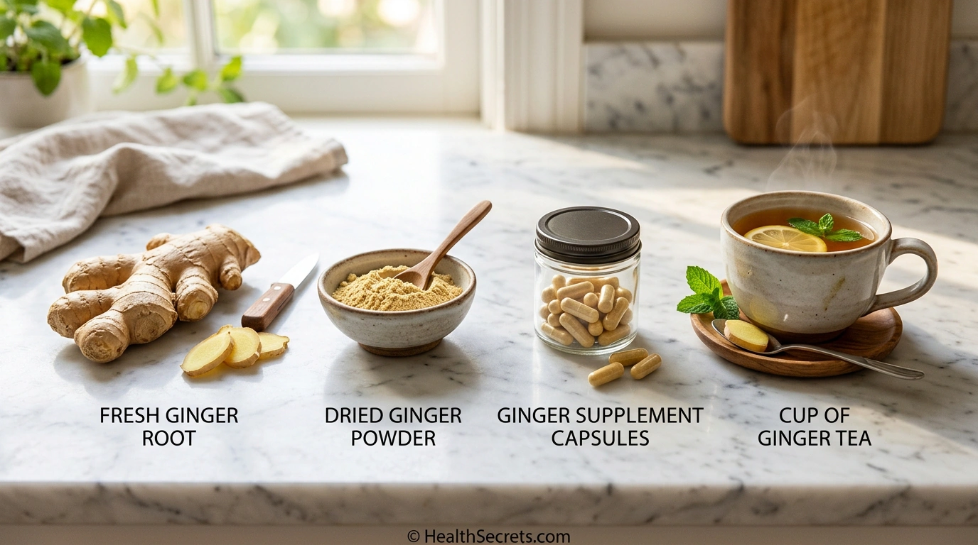 Four forms of ginger for inflammation: fresh root, dried powder, supplement capsules, and ginger tea