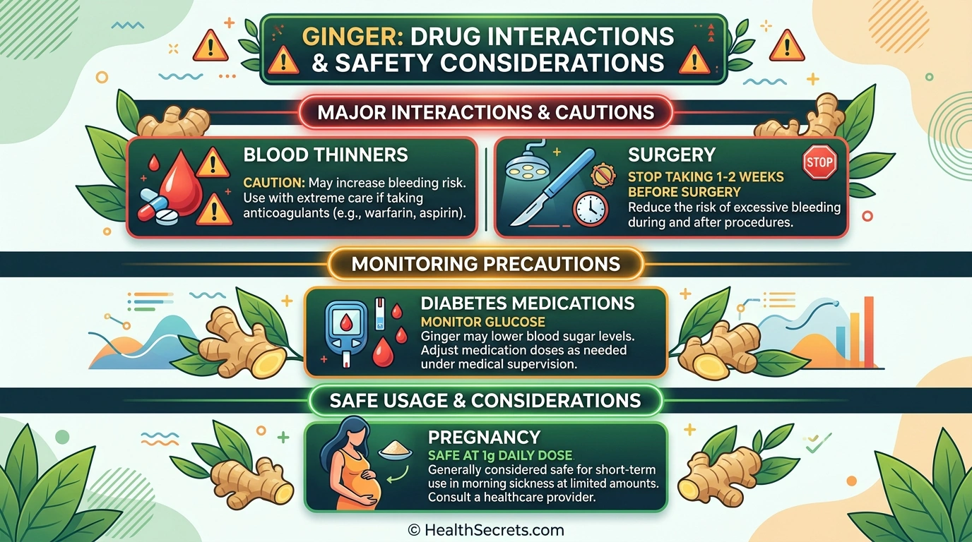 Ginger safety infographic showing drug interactions, contraindications, and safe use guidelines