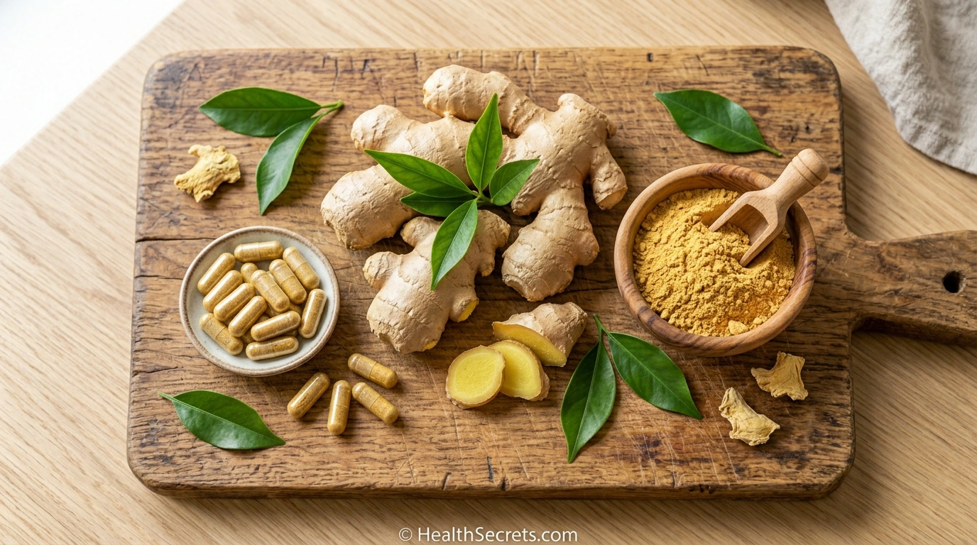 Fresh ginger root, dried ginger powder, and ginger supplement capsules showing different forms of ginger for inflammation