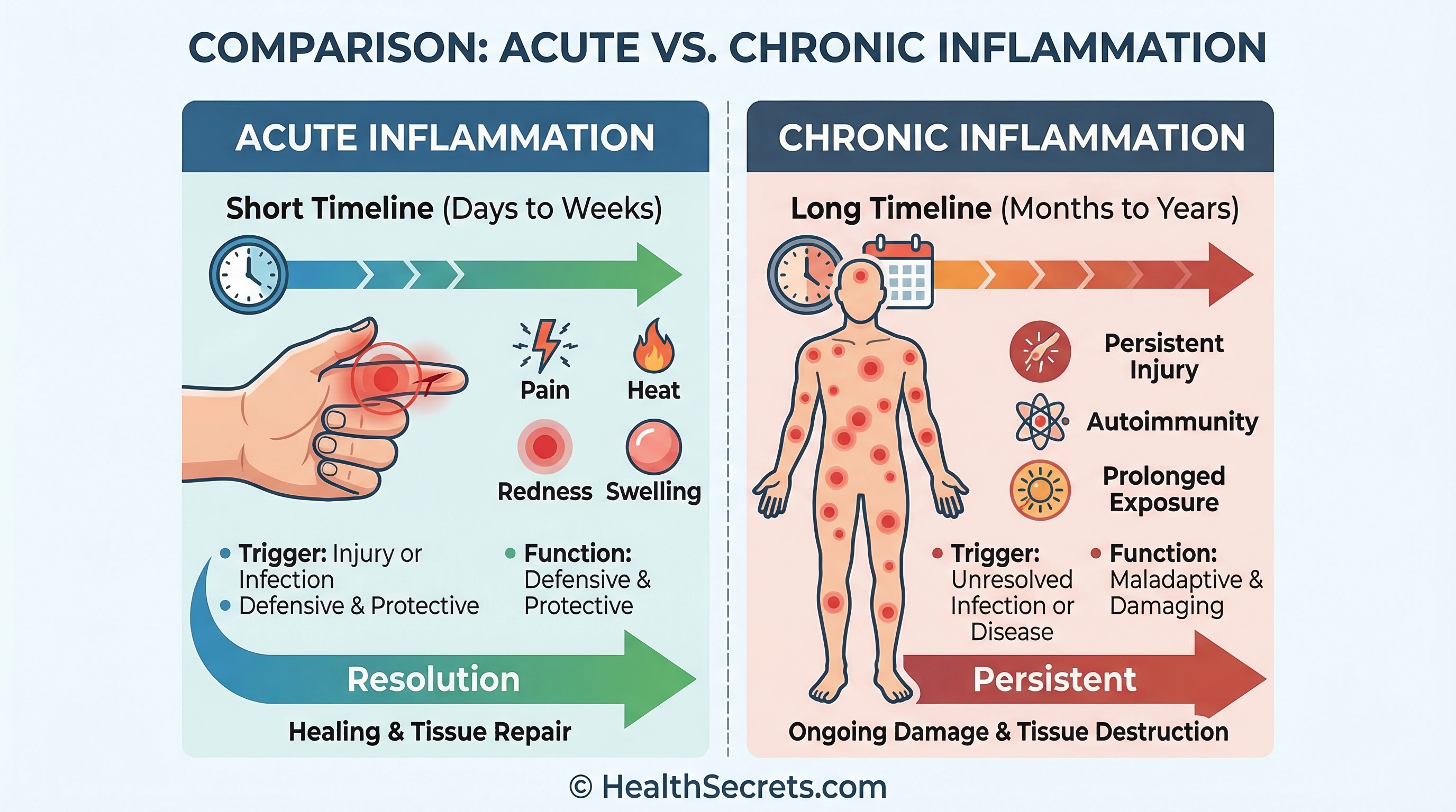 Infographic comparing acute inflammation (short-term, localized, protective) with chronic inflammation (long-term, systemic, destructive)