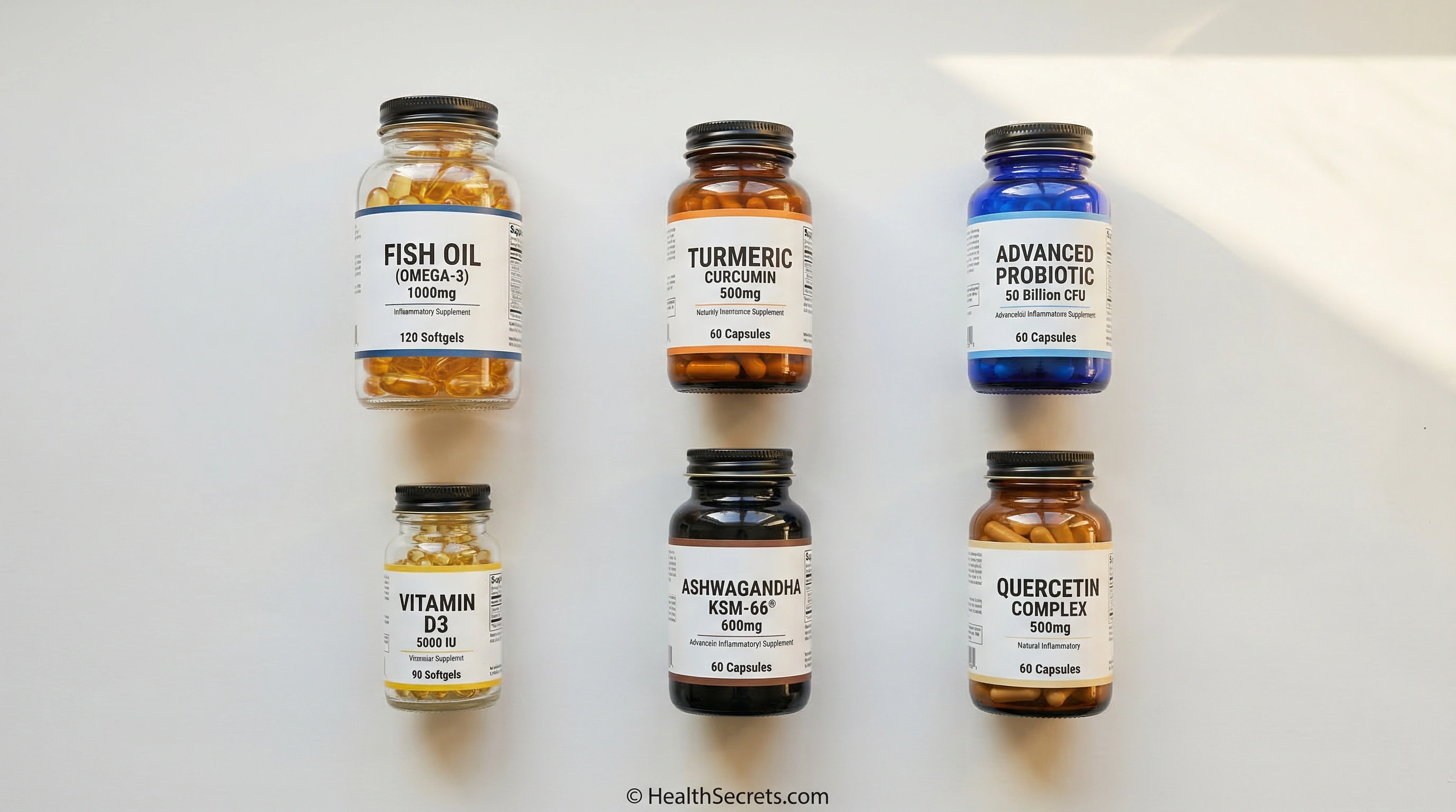 Flat lay of key anti-inflammatory supplements including omega-3, curcumin, probiotics, vitamin D, ashwagandha, and quercetin
