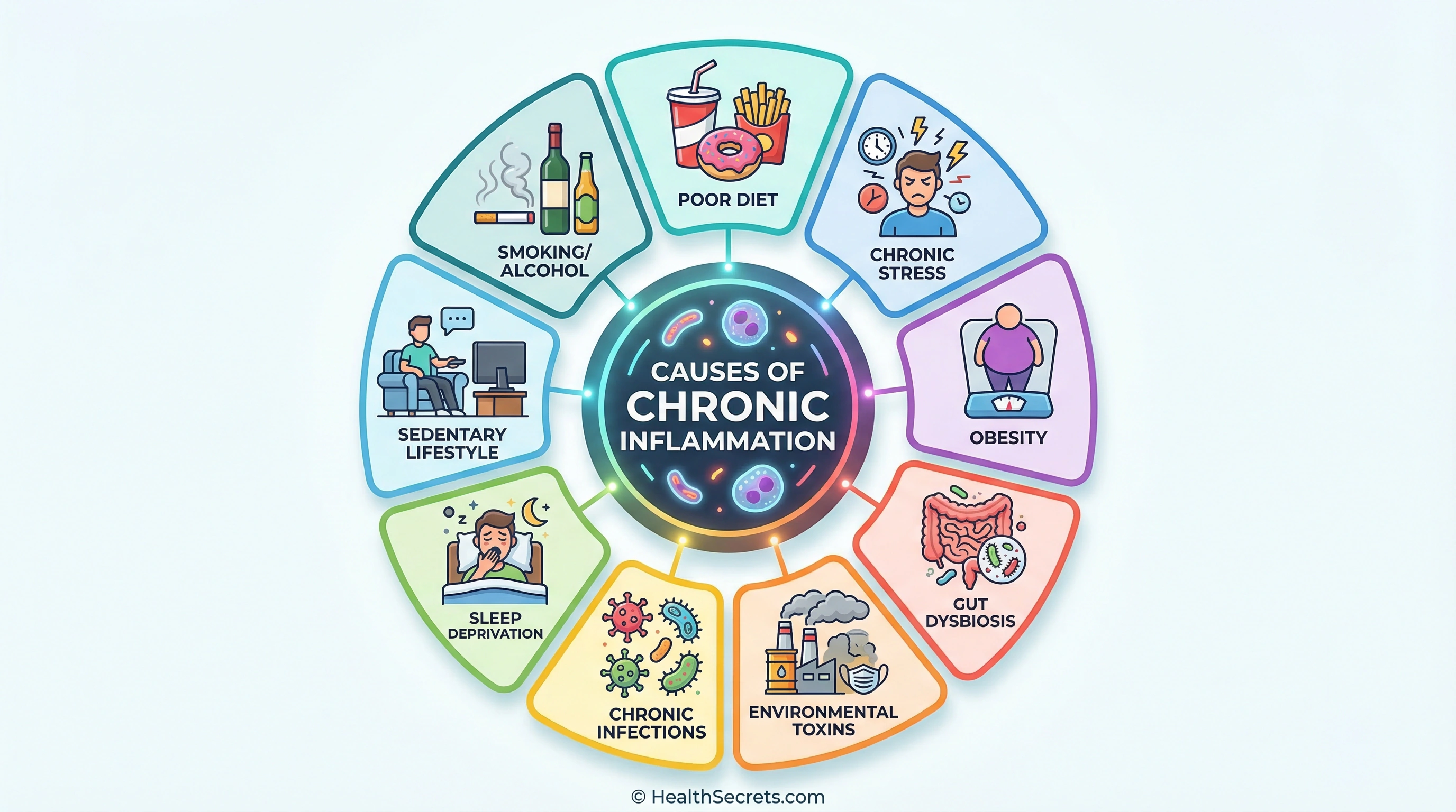 Infographic showing nine major causes of chronic inflammation including poor diet, stress, obesity, gut dysbiosis, and environmental toxins