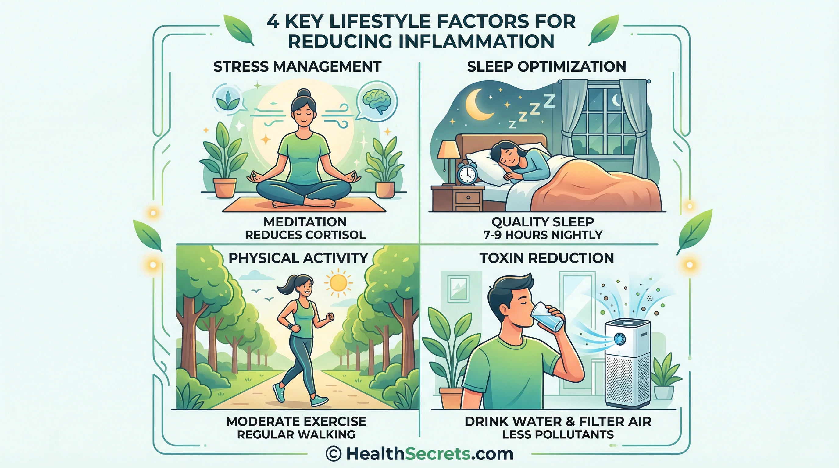 Four-quadrant illustration of anti-inflammatory lifestyle factors: stress management, sleep, exercise, and toxin reduction