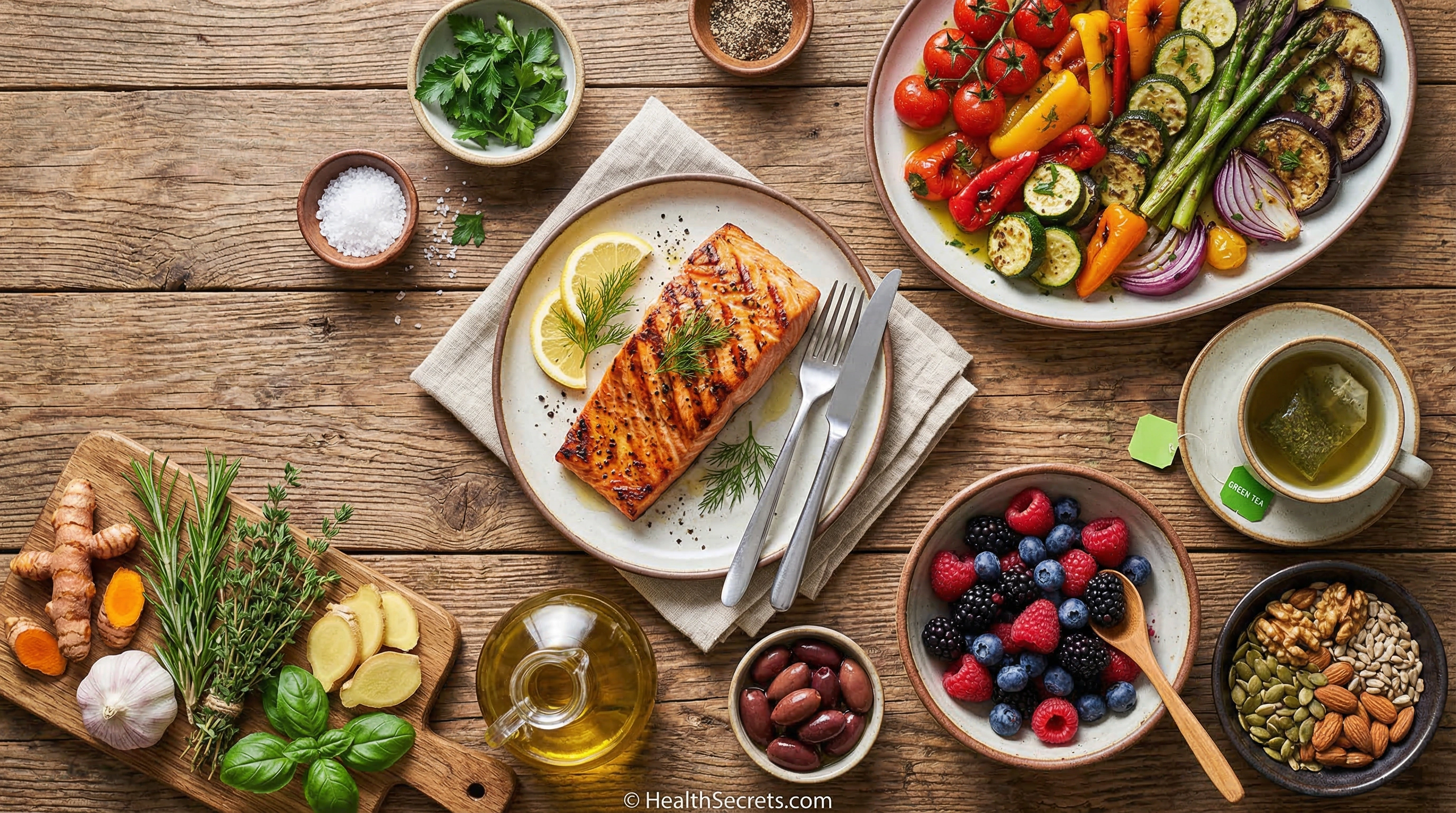 Overhead view of anti-inflammatory Mediterranean diet foods including salmon, vegetables, olive oil, berries, nuts, and green tea