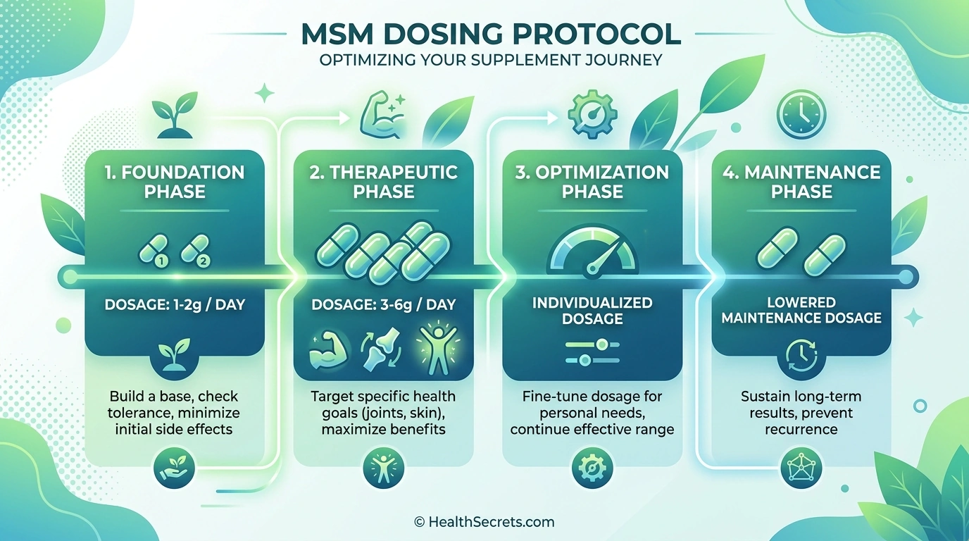 MSM dosing protocol infographic showing recommended phases from starting to maintenance dose