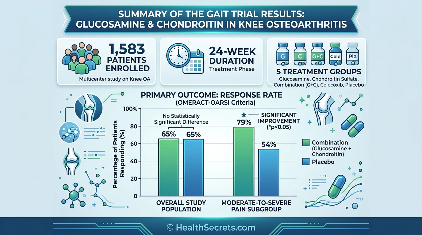 GAIT trial results infographic showing glucosamine chondroitin combination effectiveness for moderate-to-severe knee pain