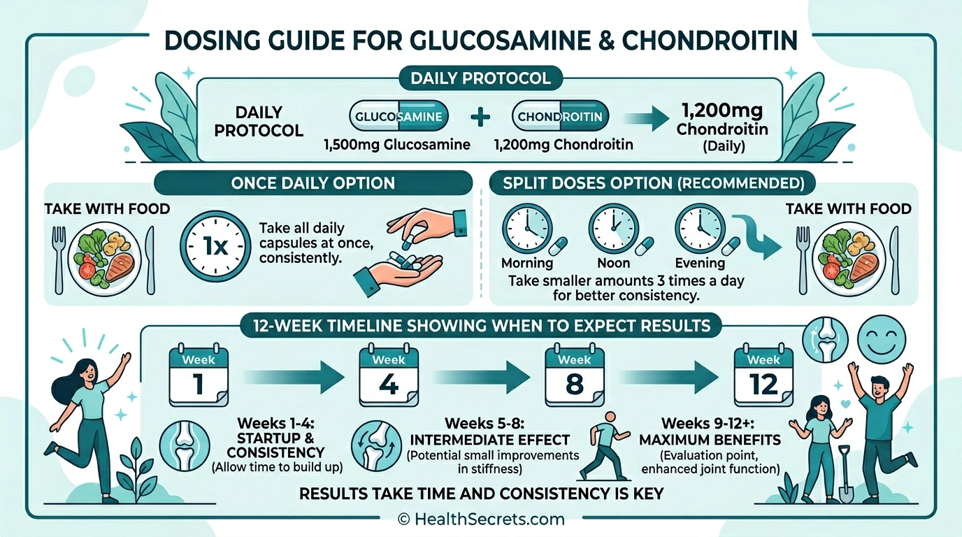 Dosing guide infographic showing how to take glucosamine and chondroitin supplements including timing and duration