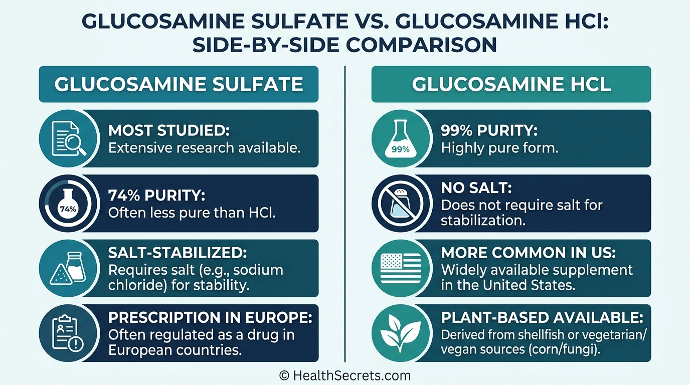 Infographic comparing glucosamine sulfate versus glucosamine hydrochloride forms including purity and clinical evidence