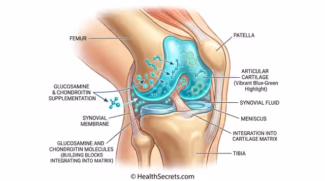 Medical illustration of a healthy knee joint showing glucosamine and chondroitin molecules supporting cartilage structure