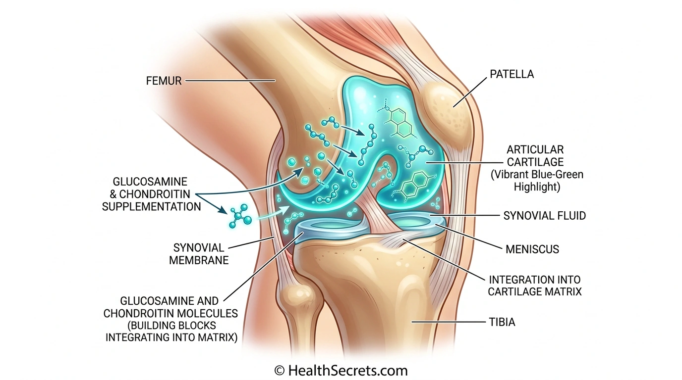 Medical illustration of a healthy knee joint showing glucosamine and chondroitin molecules supporting cartilage structure