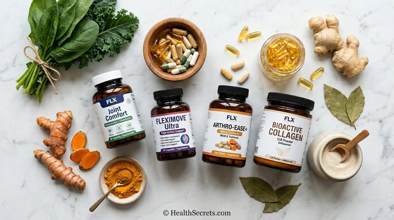 Collection of glucosamine chondroitin joint supplement products alongside natural anti-inflammatory foods