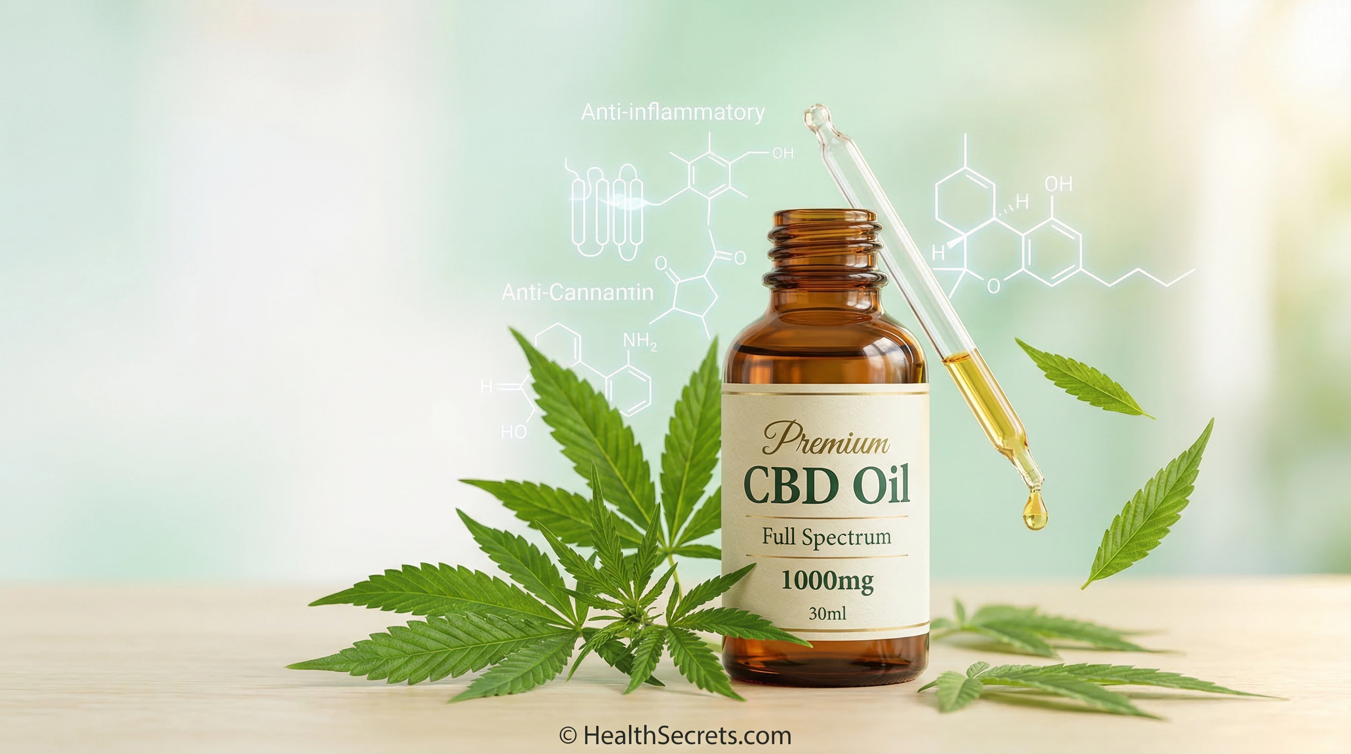 CBD oil bottle with hemp leaves and molecular overlay illustrating cannabidiol for inflammation and pain relief