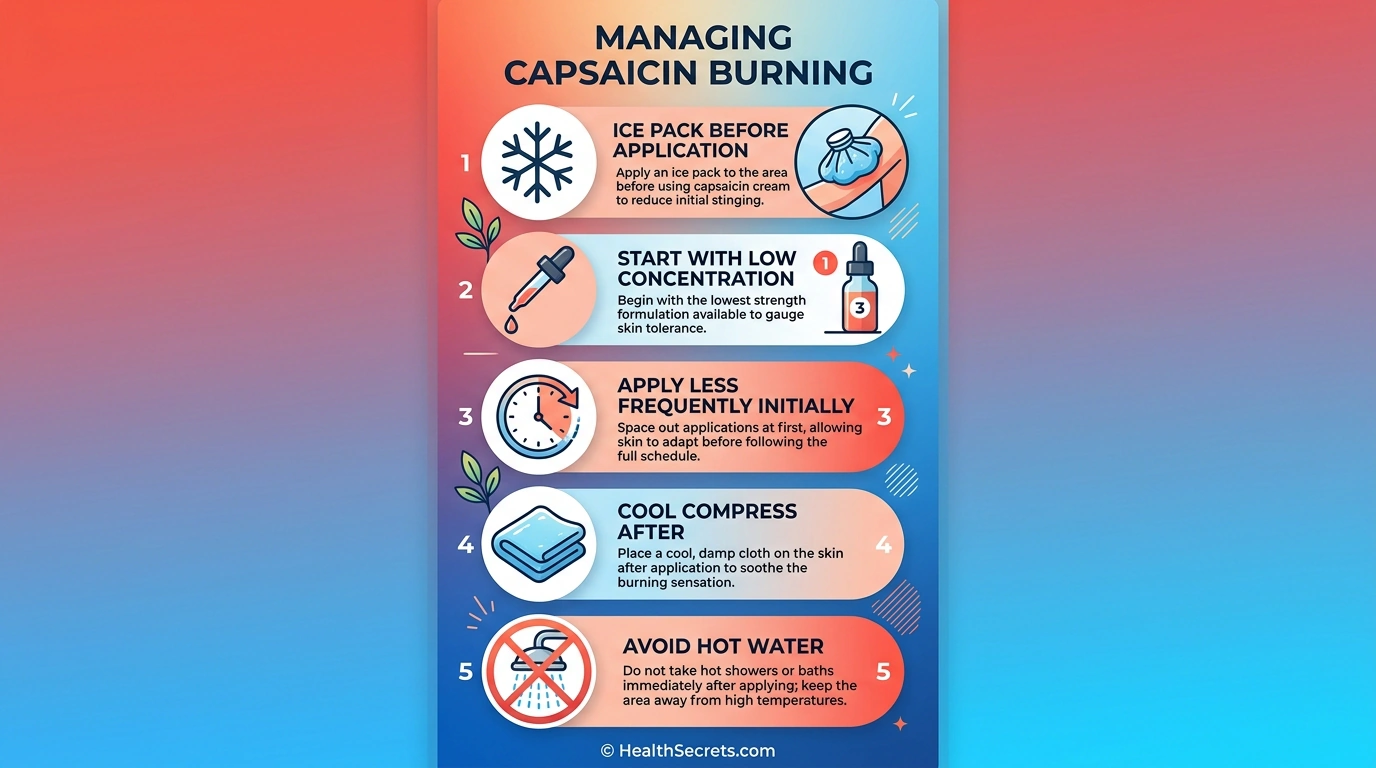 Five tips for managing capsaicin cream burning sensation including ice packs and starting with low concentration