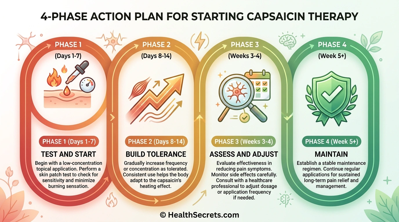 Four-phase action plan for starting capsaicin pain relief therapy from testing to long-term maintenance