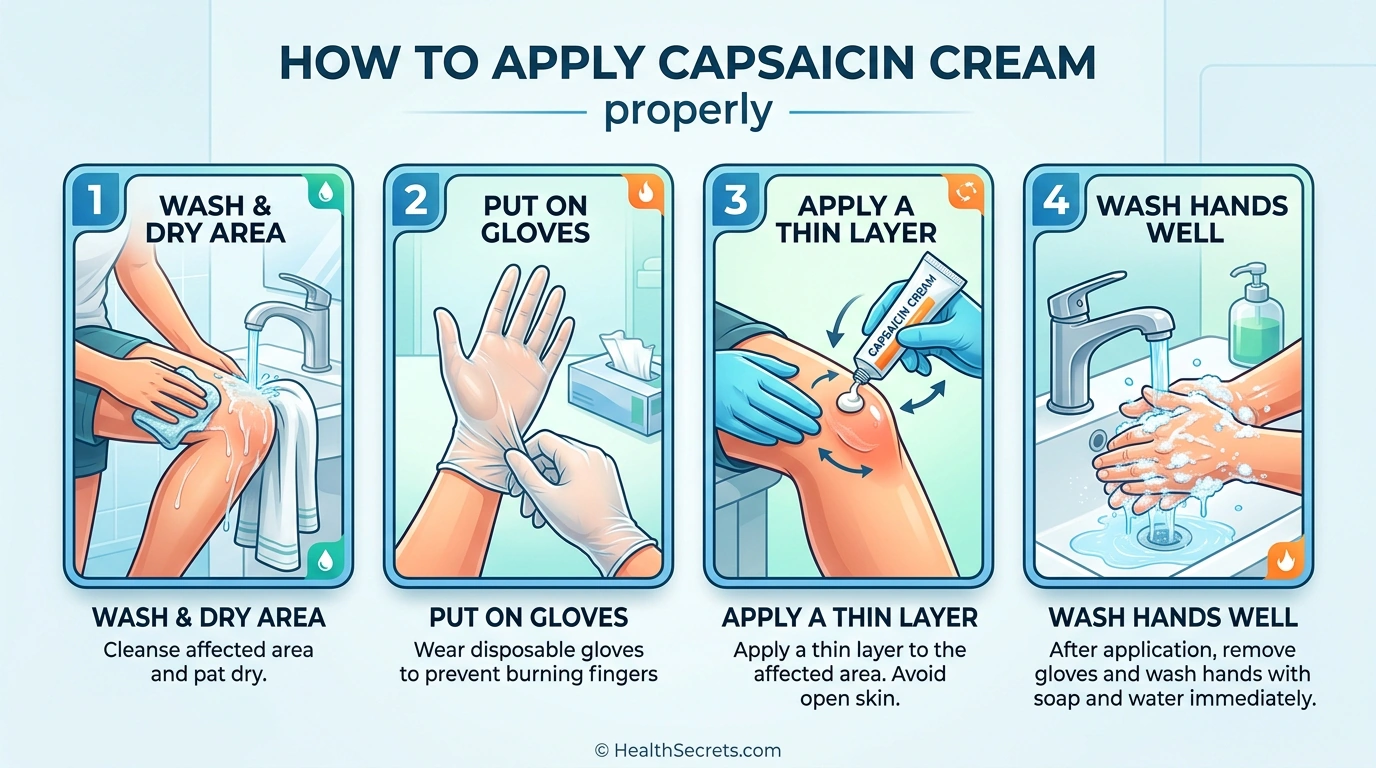 Step-by-step guide showing proper capsaicin cream application technique with gloves