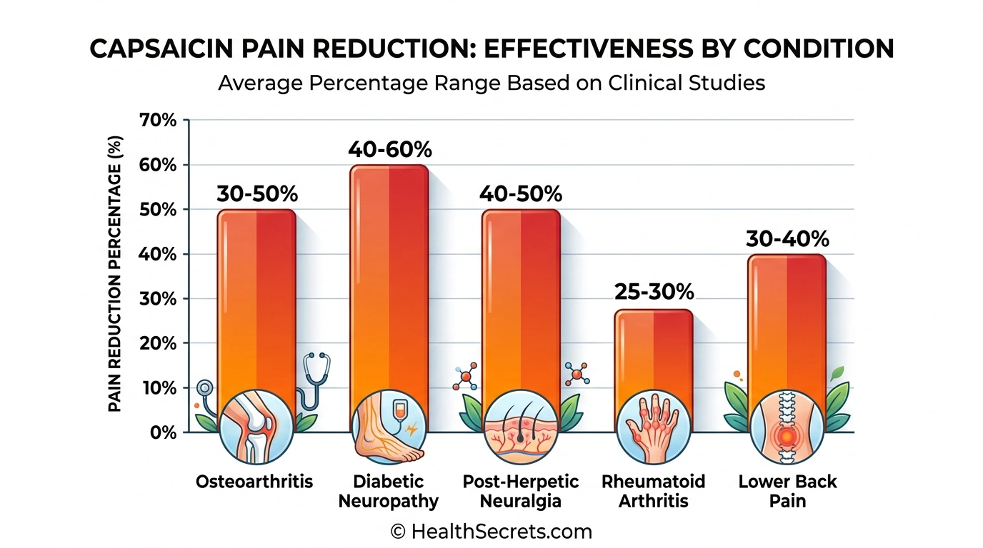Bar chart showing capsaicin pain reduction percentages across different conditions from clinical trials