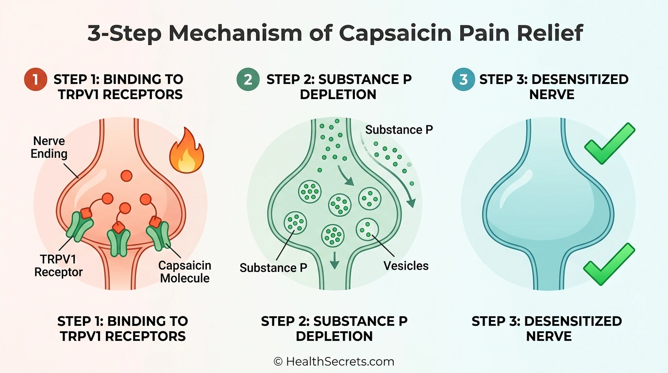 Infographic showing capsaicin mechanism of action: TRPV1 activation, substance P depletion, and nerve desensitization